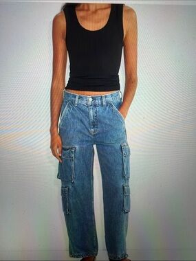 Denim Forum Aritzia sz 23 The Millie Hi-Rise Cargo Faded Blue Jeans 100% Cotton